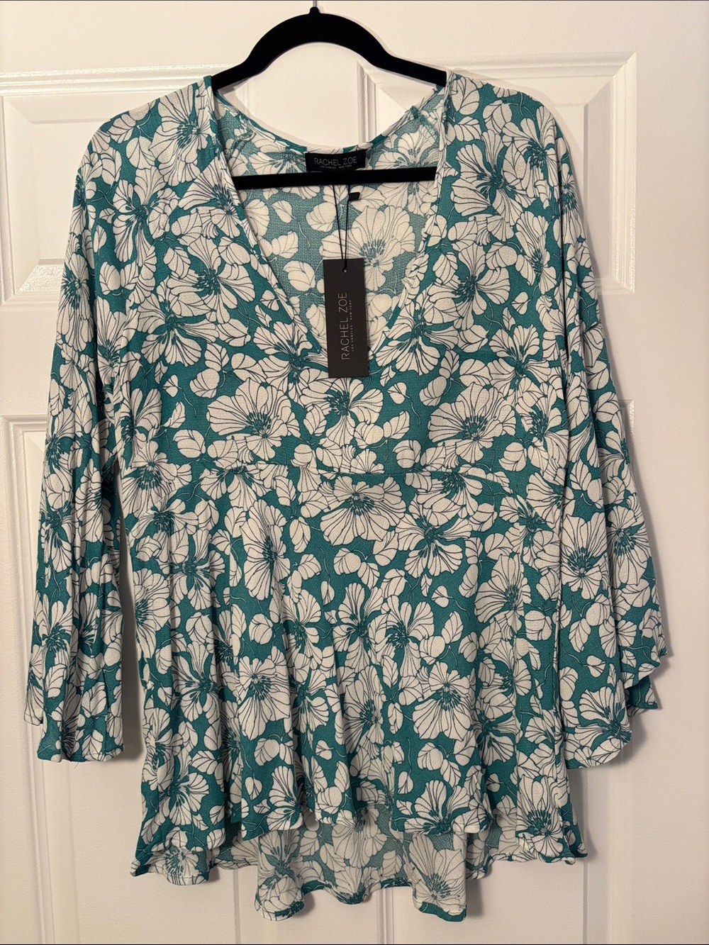 Rachel Zoe Teal and White Floral V-Neck Peplum Tunic